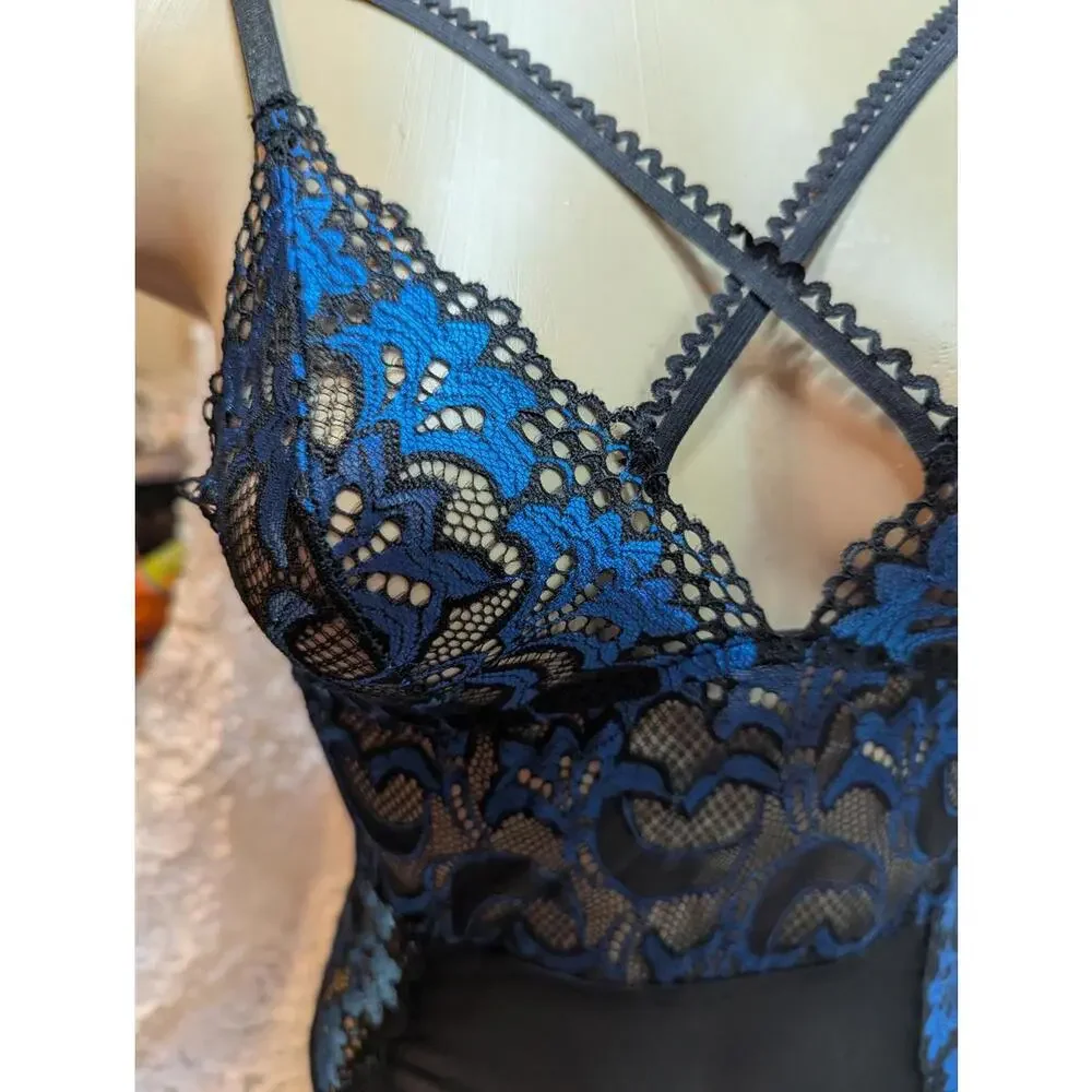 Stunning‎ Black and Blue Lace Bodysuit with Strappy Detail New
